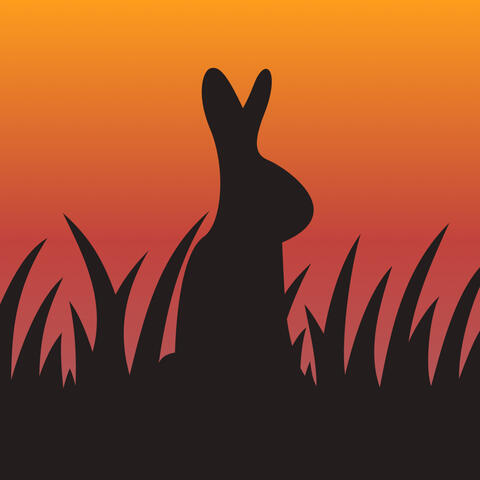 Digital art of a rabbit silhouette in grass against a vibrant orange and red gradient.